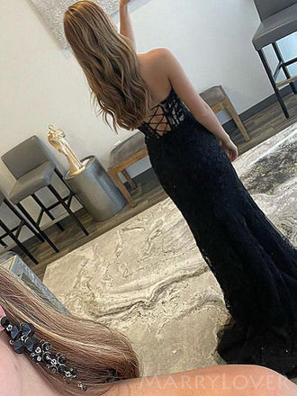 Elegant Black Tulle Appliques Sweetheart Side Slit Long Evening Prom Dresses, Custom Mermaid Prom Dress, MR8712