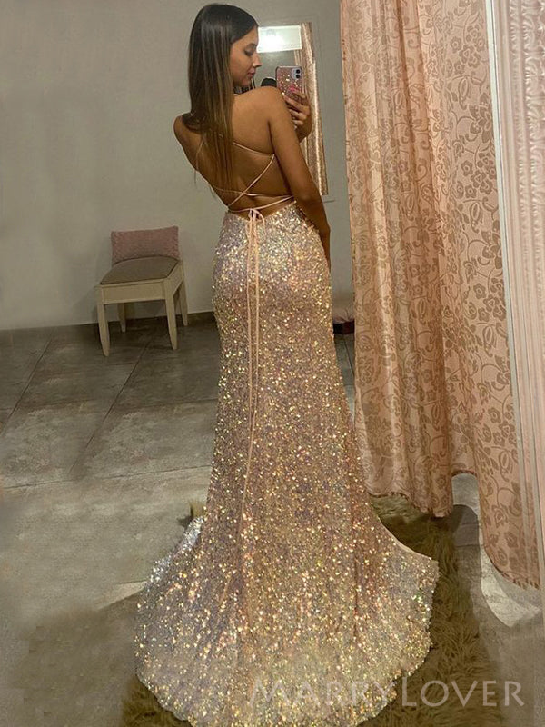 Gorgeous Spaghetti Straps Mermaid Sequins Long Sparkly Evening Prom Dresses, Custom prom Dress, MR8717