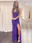 Floor-length Spaghetti Straps Mermaid Sequins Long side Slit Evening Prom Dresses, Custom prom Dress, MR8718