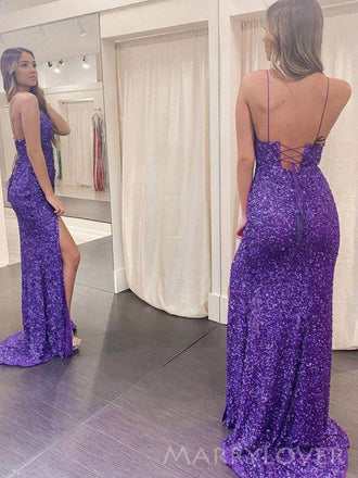 Floor-length Spaghetti Straps Mermaid Sequins Long side Slit Evening Prom Dresses, Custom prom Dress, MR8718