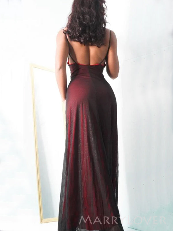 Simple Black Tulle Red Mermaid Long Evening Prom Dresses, Custom