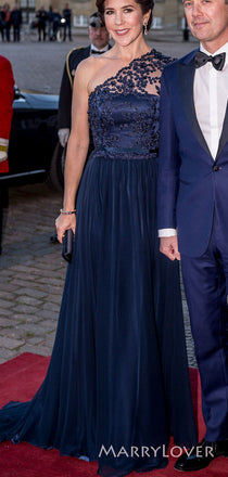 Formal A-line Navy Blue Chiffon Beaded Long Sleeves Long Evening Prom Dresses, Custom prom Dress, MR8726