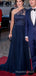 Formal A-line Navy Blue Chiffon Beaded Long Sleeves Long Evening Prom Dresses, Custom prom Dress, MR8726