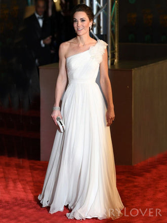 One Shoulder Ivory Chiffon A-line Long Evening Prom Dresses, Custom prom Dress, MR8728