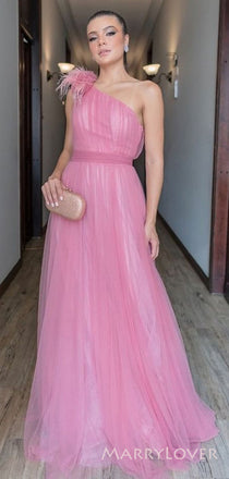 A-line Tulle  One Shoulder Long Evening Prom Dresses, Custom prom Dress, MR8729