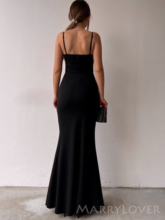 Simple Black Mermaid Spaghett Straps Long Side Slit Evening Prom Dresses, Custom prom Dress, MR8739