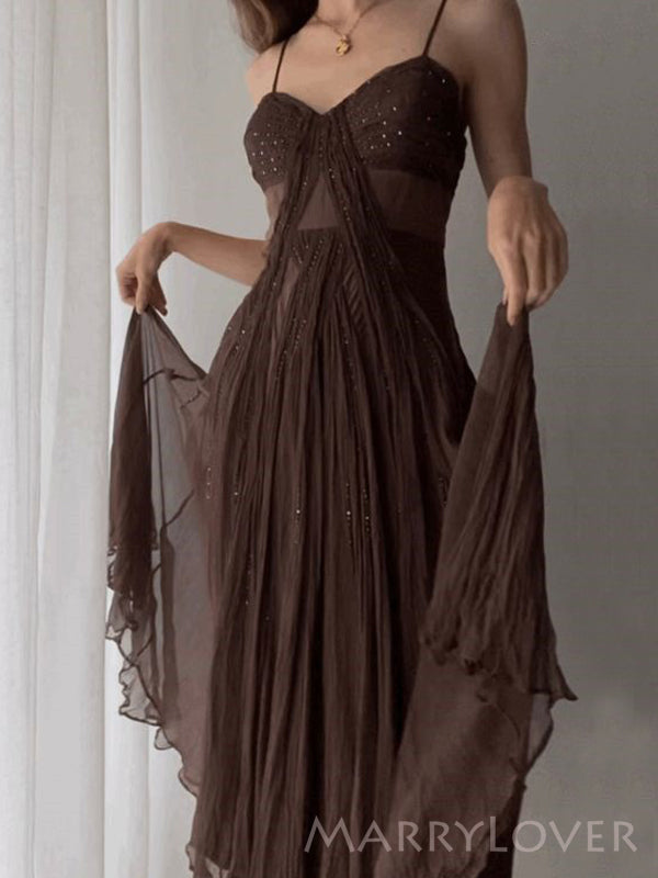 Chocolate Spaghetti Straps Long Evening Prom Dresses, Custom prom Dress, MR8742
