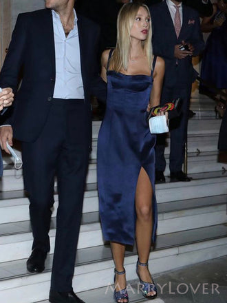 Simple Navy Blue Satin Spaghetti Straps Long Evening Prom Dresses, Custom Prom Dress, MR8744