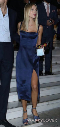 Simple Navy Blue Satin Spaghetti Straps Long Evening Prom Dresses, Custom Prom Dress, MR8744