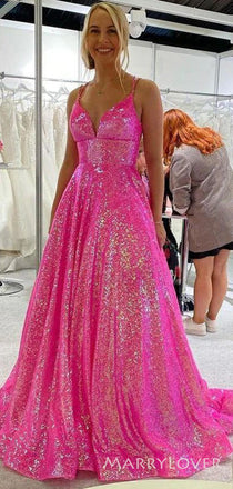 Hot Pink Sequins A-line Long Evening Prom Dresses, Custom V-neck Prom Dress, MR8745