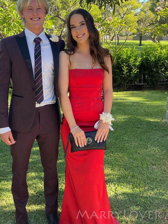 Mermaid Red Satin Strapless Long Evening Prom Dresses, Custom Prom Dress, MR8751