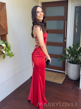 Mermaid Red Satin Strapless Long Evening Prom Dresses, Custom Prom Dress, MR8751