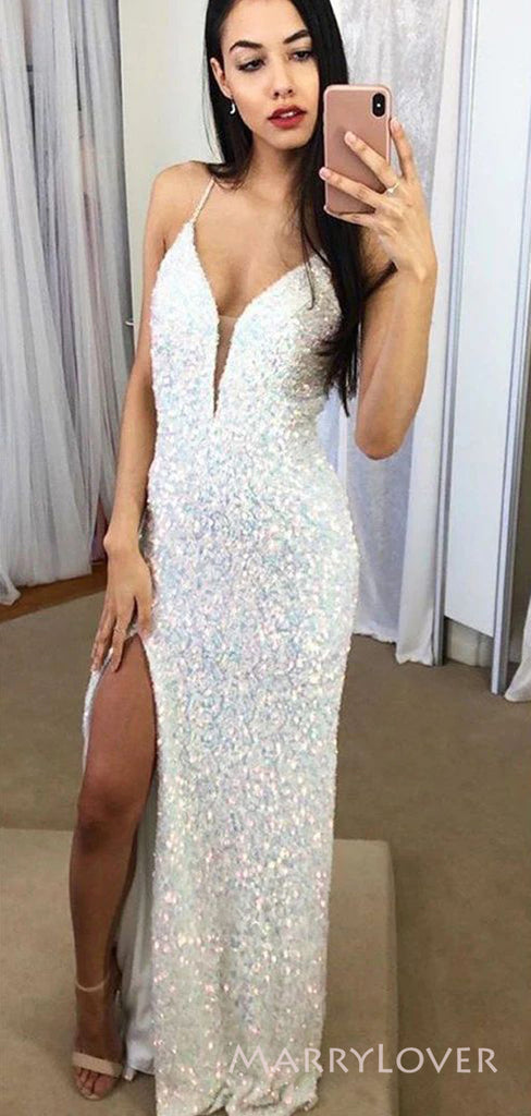 Sparkly White Sequins V-neck Long Mermaid Evening Prom Dresses, Custom Spaghetti Straps Prom Dress, MR8755