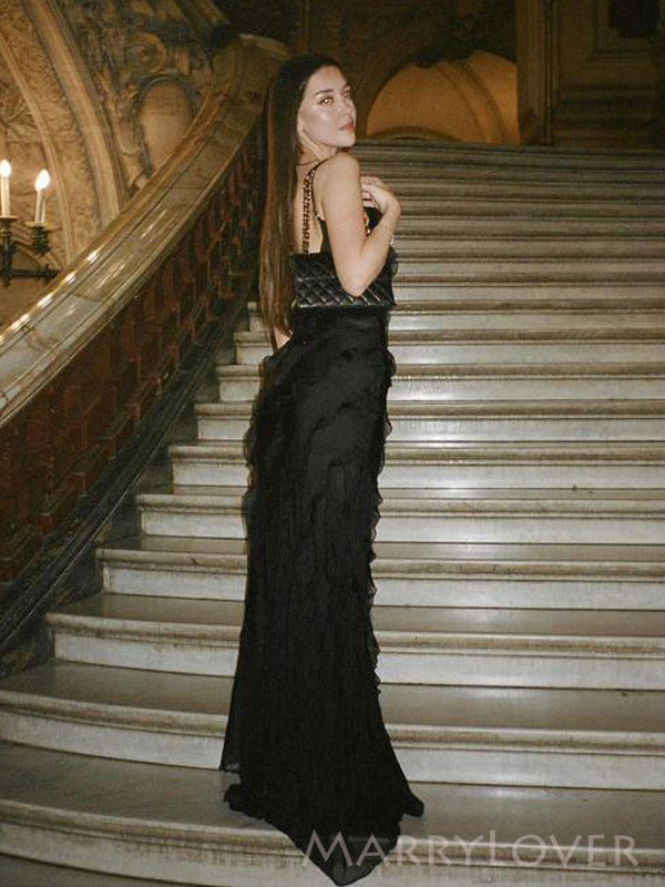 Unique Black Chiffon Spaghetti Straps Long Evening Prom Dresses, Custom V-neck Prom Dress, MR8758 Unique Black Chiffon Spaghetti Straps Long Evening Prom Dresses, Custom V-neck Prom Dress, MR8758