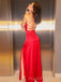 Simple Red Satin Spaghetti Straps Long Side Slit Evening Prom Dresses, Custom Prom Dress, MR8759