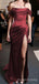 Off Shoulder Burgundy Satin Mermaid High Slit Long Evening Prom Dresses, Custom Prom Dress, MR8764