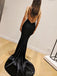 Deep V-neck Black Satin Mermaid Long Evening Prom Dresses, Custom Spaghetti Straps Prom Dress, MR8766