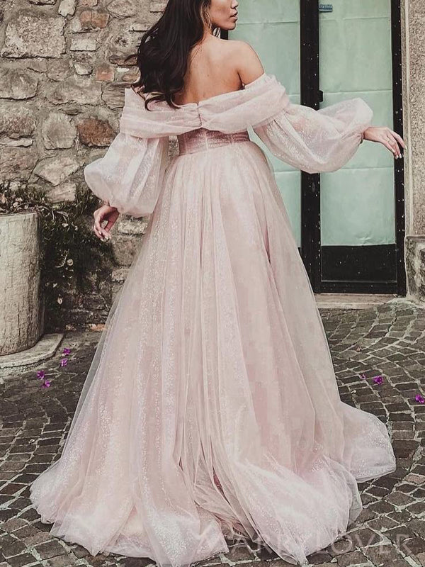 Off Shoulder Pink Tulle Sparkly A-line Long Evening Prom Dresses, Cust MarryLover Off Shoulder Pink Tulle Sparkly A-line Long Evening Prom Dresses, Cust MarryLover