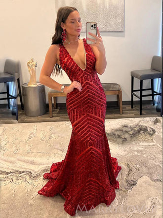 Gorgeous Mermaid V-neck Sequins Long Evening Prom Dresses, Custom Prom Dress, MR8772