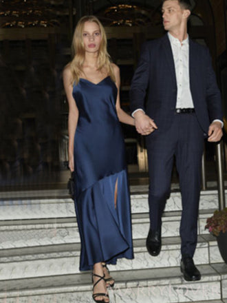 Morden Navy Blue Satin Spaghetti Straps V-neck Long Evening Prom Dresses, Custom Prom Dress, MR8773