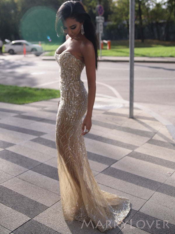 Popular Gold Sparkly Mermaid Strapless Long Evening Prom Dresses, Cust MarryLover Popular Gold Sparkly Mermaid Strapless Long Evening Prom Dresses, Cust MarryLover