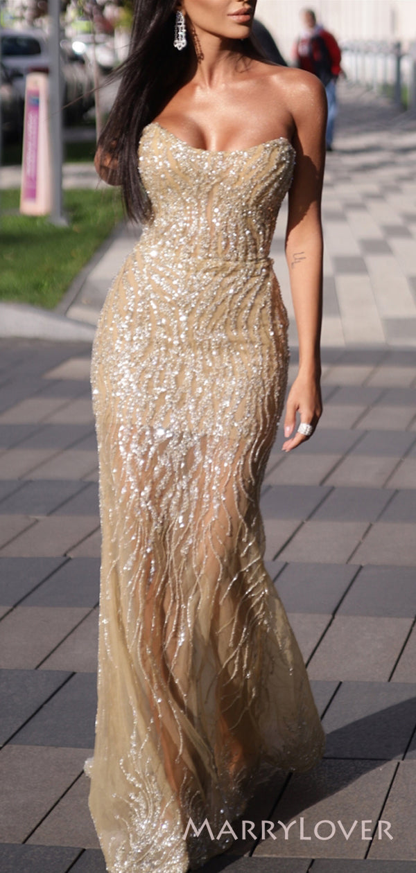 Popular Gold Sparkly Mermaid Strapless Long Evening Prom Dresses, Cust MarryLover Popular Gold Sparkly Mermaid Strapless Long Evening Prom Dresses, Cust MarryLover