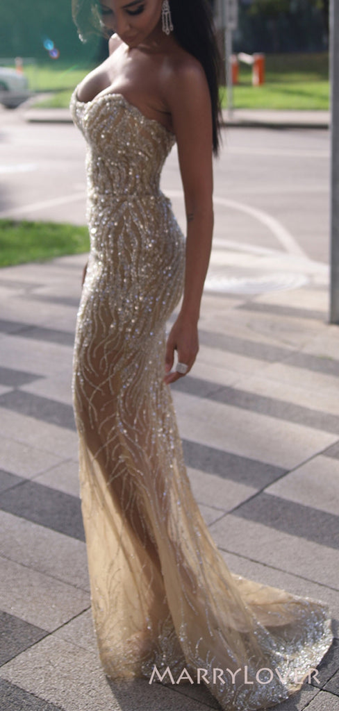 Popular Gold Sparkly Mermaid Strapless Long Evening Prom Dresses, Custom Prom Dress, MR8774
