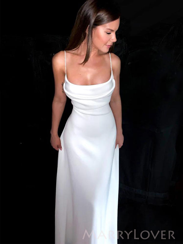 White Satin Spaghetti Straps Backless Long Evening Prom Dresses, Custo – MarryLover