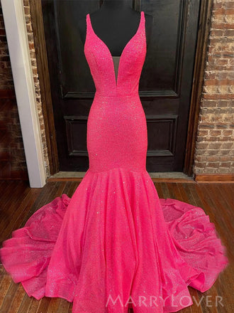 Elegant Deep V-neck Hot Pink Sequins Mermaid Long Evening Prom Dresses, Custom Sparkly Prom Dress, MR8783