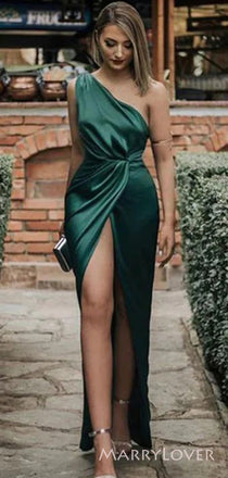 Dark Green Satin One Shoulder High Slit Long Evening Prom Dresses, Custom Prom Dress, MR8789