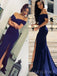 Off Shoulder Navy Blue Mermaid Long Evening Prom Dresses, Custom Side Slit Prom Dress, MR8798