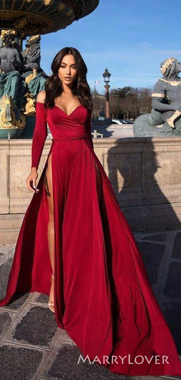 Long Seeves Red High Slit Long Evening Prom Dresses, Custom Prom Dress MarryLover Long Seeves Red High Slit Long Evening Prom Dresses, Custom Prom Dress MarryLover