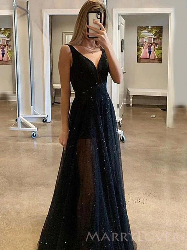 A-line Black Sparkly Long Evening Prom Dresses, Custom V-neck Prom Dre – MarryLover