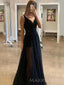A-line Black Sparkly Long Evening Prom Dresses, Custom V-neck Prom Dress, MR8803