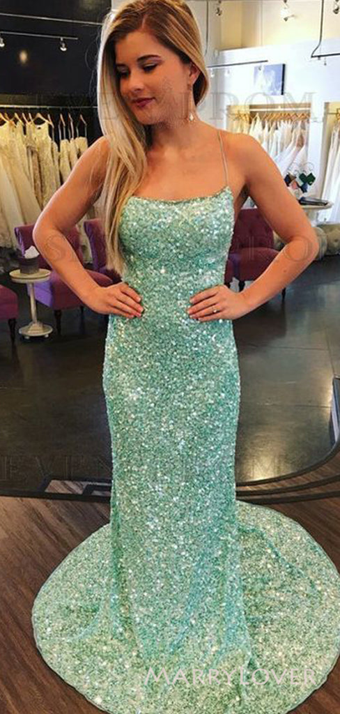 Spaghetti Straps Green Sequins Long Evening Prom Dresses, Custom Backless Prom Dress, MR8808