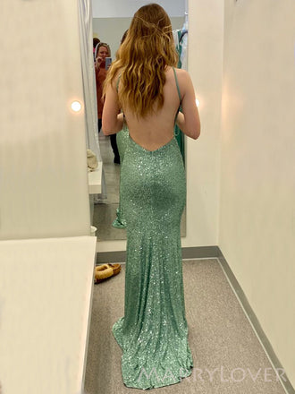 Mermaid Green Sequins V-neck Long Evening Prom Dresses, Custom Spaghetti Straps Prom Dress, MR8811