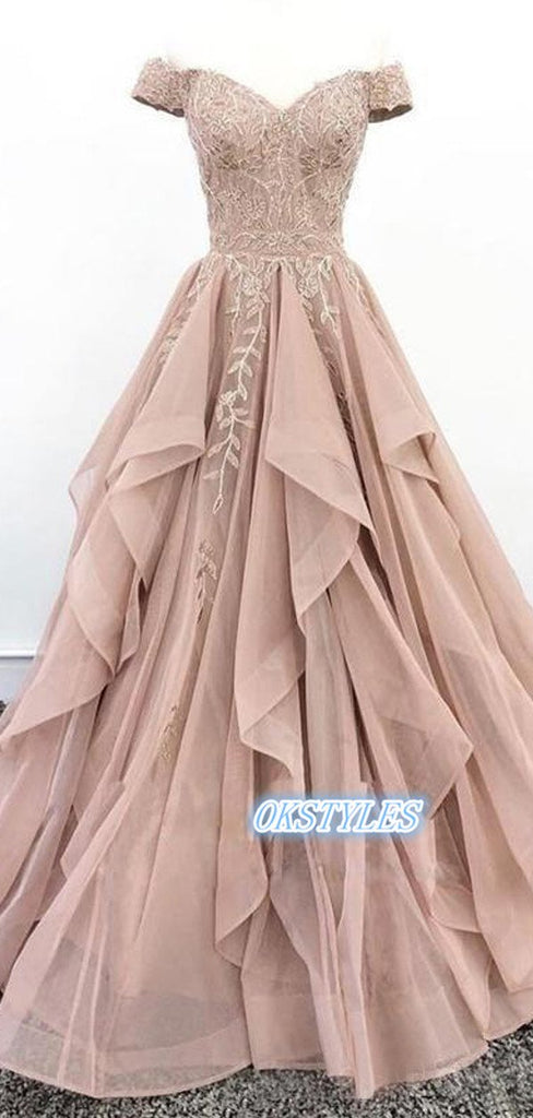 Beautiful Ball Gown Off-Shoulder Lace Applique Long Prom Dresses, OL024