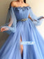 Elegant A-line Long Sleeves High Side Slit With Beads Prom Dresses, OL034