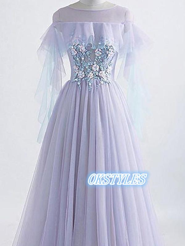 Elegant A-line Tulle Round-neck  With Applique Long Prom Dresses, OL035