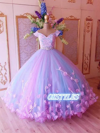 Beautiful Ball-gown Lace Off-shoulder With Applique Long Prom Dresses, OL037