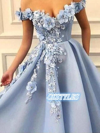 Charming A-line V-neck Off-shoulder With Applique Prom Dresses, OL042