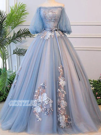 A-line Tulle Long Sleeves Lace Up Back With Applique Prom Dresses, OL045
