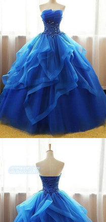 Ball Gown Organza Sleeveless Lace Up Back With Beads Prom Dresses, OL046