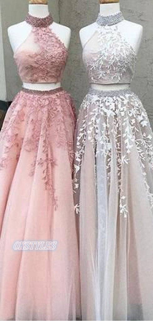 Two Pieces Halter Sleeveless Lace Applique Long Prom Dresses, OL050