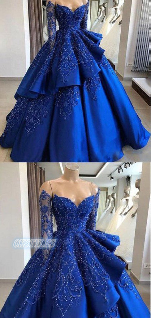 Elegant Ball Gown Sweetheart Long Sleeves With Beads Long Prom Dresses, OL051