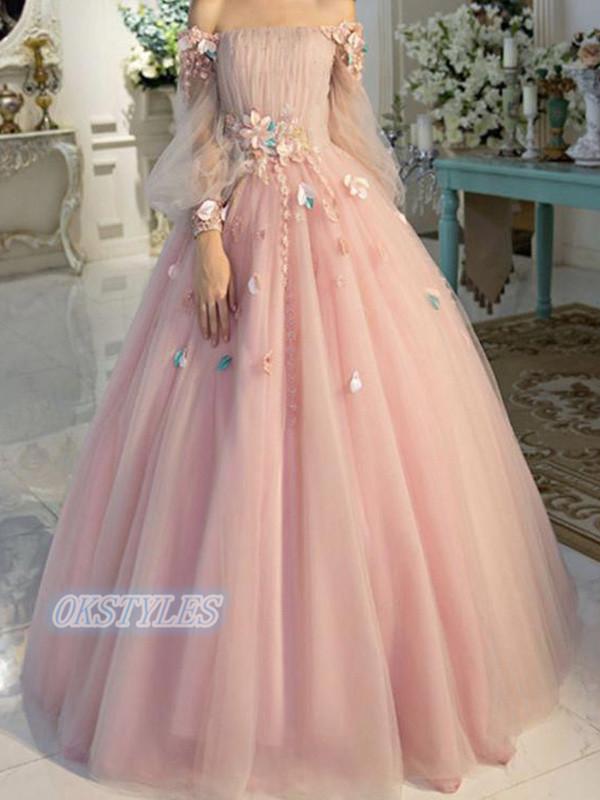Beautiful A-line Strapless Long Sleeves With Applique Long Prom Dresses, OL052