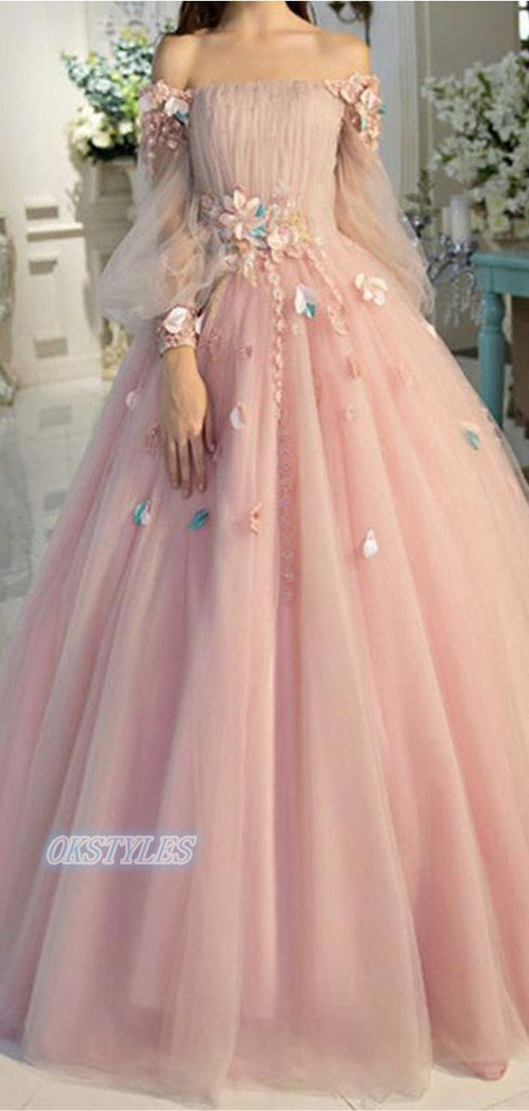 Beautiful A-line Strapless Long Sleeves With Applique Long Prom Dresses, OL052