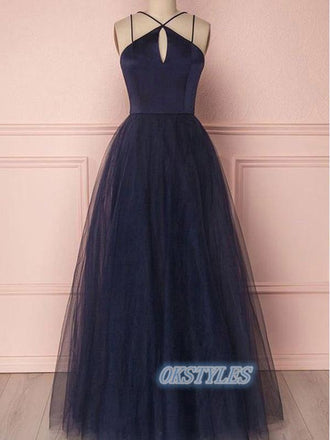 Simple Tulle A-line Sleeveless Lace-Up Back Floor-Length Prom Dresses, OL054