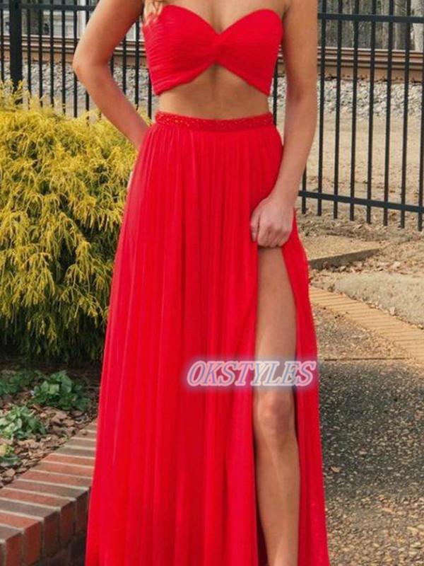 Sexy Two-Pieces Sweetheart Sleeveless High Side-Slit Long Prom Dresses, OL069