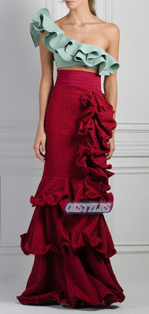 Beautiful Satin Two-Pieces One-Shoulder Long Prom Dresses, OL071